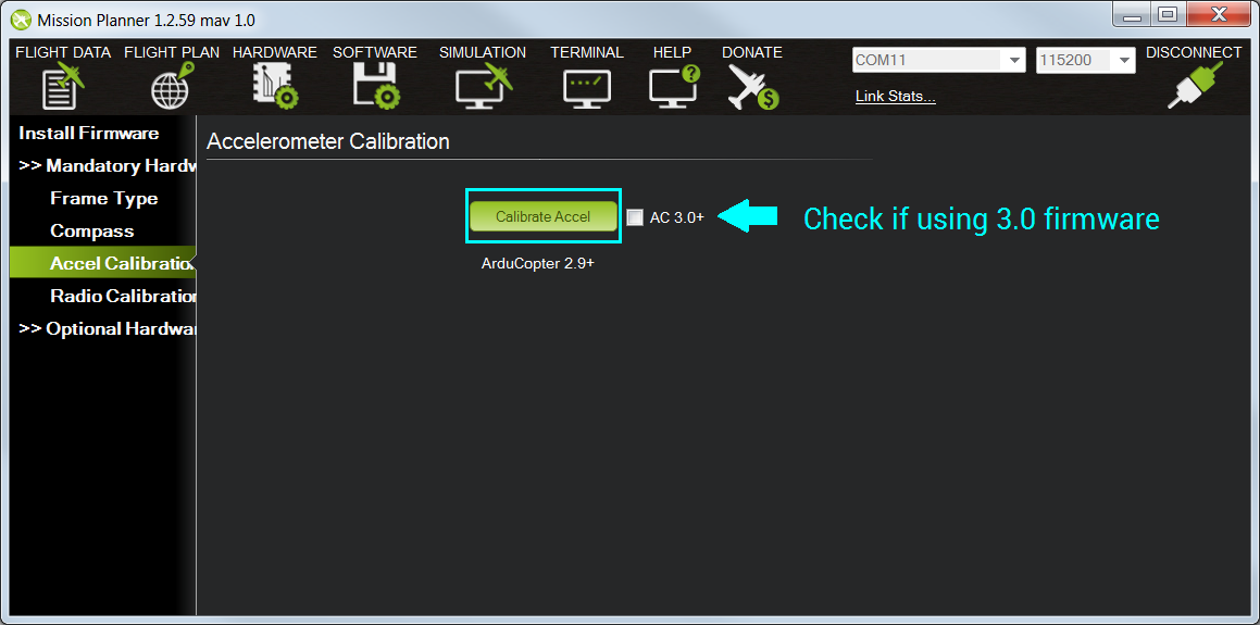 Select Calibrate Accel to begin calibration.